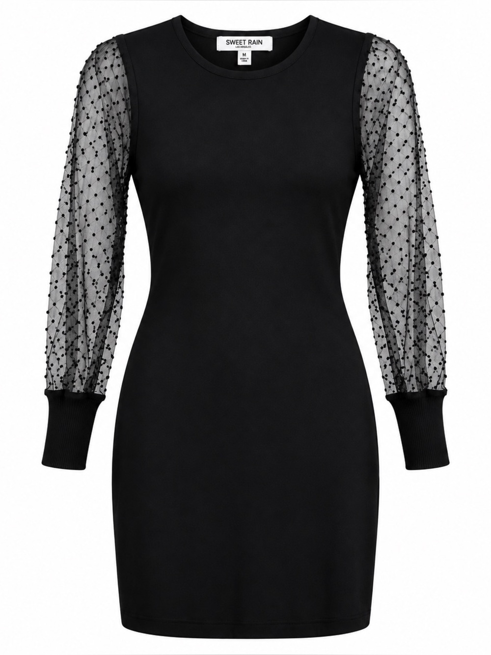 Sweet Rain Black Sheer Polka Dot Mesh Sleeve Dress M